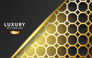 modern premium technology dark abstract background banner, with gold line and golden rays, overlap layer in paper effect on textured gold hexagon background.vector illustration.