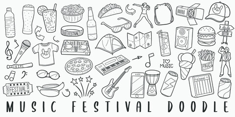 Music Festival Party Doodle Line Art Illustration. Hand Drawn Vector Clip Art. Banner Set Logos.