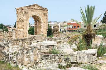 Ancient Roman and Byzantine sarcophagi from the cemetery in front of the Triumphal Arch of Hadrian, Al Bass archaeological site Roman ruins, Tyre, Lebanon