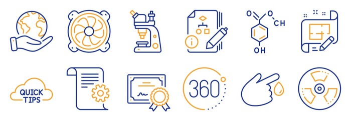 Set of Science icons, such as 360 degrees, Chemical hazard. Certificate, save planet. Microscope, Chemical formula, Algorithm. Computer fan, Blood donation, Technical documentation. Vector