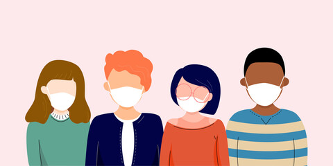 People wearing protection medical face mask to protect and help slow spread of Covid19 or Coronavirus. To prevent virus, disease, flu, air pollution, contamination. Vector illustration