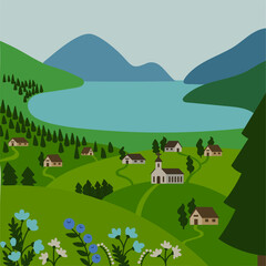 Flat landscape vector illustration Mountain village Green background