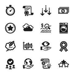 Set of Business icons, such as Cloudy weather, Copyright chat. Certificate, approved group, save planet. Cogwheel, Diagram chart, Timer. Washing machine, Ranking stars, Loyalty star. Vector