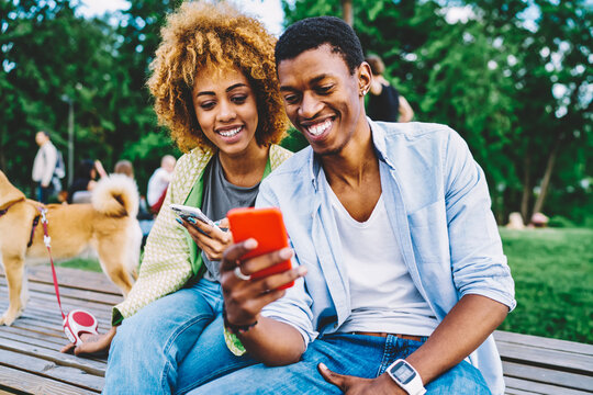 Cheerful afro american friends synchronizing files on mobiles using application while resting together, smiling dark-skinned hipsters sharing common photos via smartphone having fun on meeting