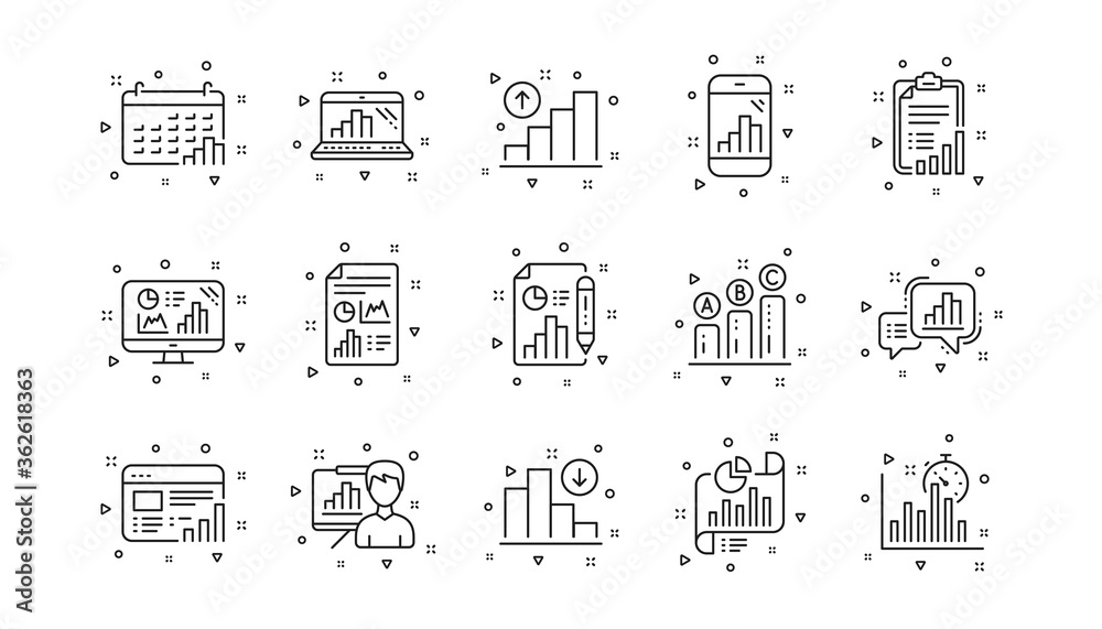 Poster charts and graphs, presentation and report. graph line icons. analytics linear icon set. geometric e