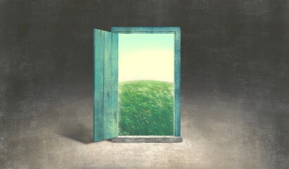 Surreal art of freedom dream success and hope concept idea ,door to meadow imagination artwork, painting illustration, happiness of nature