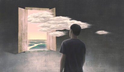 Concept art of freedom dream and hope concept  , ambition idea artwork, surreal painting  man with happiness of landscape nature in a door  , conceptual illustration - obrazy, fototapety, plakaty