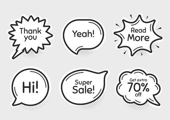 Comic chat bubbles. Super sale, 70% discount and read more. Thank you, hi and yeah phrases. Sale shopping text. Chat messages with phrases. Drawing texting thought speech bubbles. Vector
