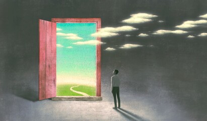 Concept art of freedom dream success and hope concept  , ambition idea artwork, surreal painting  businessman with happiness of landscape nature in a door  , conceptual illustration © Jorm Sangsorn