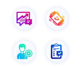 Support, Call center and Accounting icons simple set. Button with halftone dots. Checklist sign. Edit profile, Phone support, Supply and demand. Survey. Business set. Vector