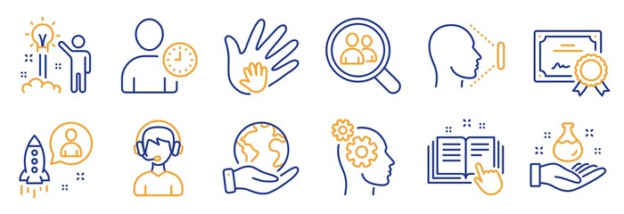 Set of People icons, such as Search employees, Creative idea. Certificate, save planet. Social responsibility, Chemistry lab, Time management. Thoughts, Startup, Technical documentation. Vector