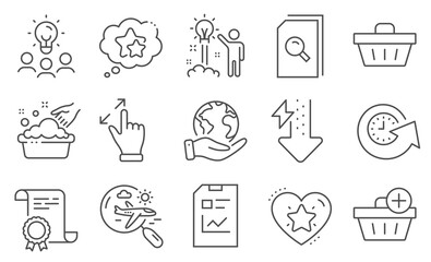 Set of Business icons, such as Report document, Energy drops. Diploma, ideas, save planet. Creative idea, Search flight, Add purchase. Hand washing, Shopping basket, Search files. Vector