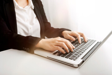 Searching Browsing Internet Data Information with blank search bar.businessman working with smart phone, tablet and laptop computer on desk in office. Networking Concept