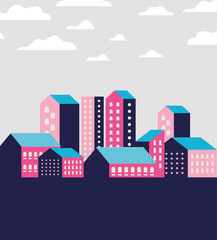 Purple blue and pink city buildings landscape with clouds design, Abstract geometric architecture and urban theme Vector illustration