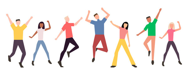Grupo de bailarines felices jóvenes u hombres y mujeres aislados en un fondo blanco. Sonrientes hombres y mujeres jóvenes disfrutan de una fiesta de baile. Ilustración de vector colorido celebración