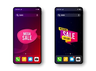 Mega sale and special offer. Smartphone screen banner. Discount offer badge. Mobile phone screen interface. Smartphone display promotion template. Online application banner. Vector