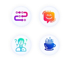 Methodology, Smile face and Support consultant icons simple set. Button with halftone dots. Coffee cup sign. Development process, Chat, Question mark. Hot drink. Business set. Vector