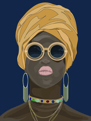African beauty. Artistic portrait of the young black woman in a turban. Vector color illustration isolated on a dark blue background. Print, poster, t-shirt, card.