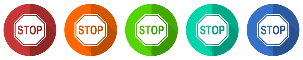 Stop icon set, sign, danger, warning, red, blue, green and orange flat design web buttons isolated on white background, vector illustration