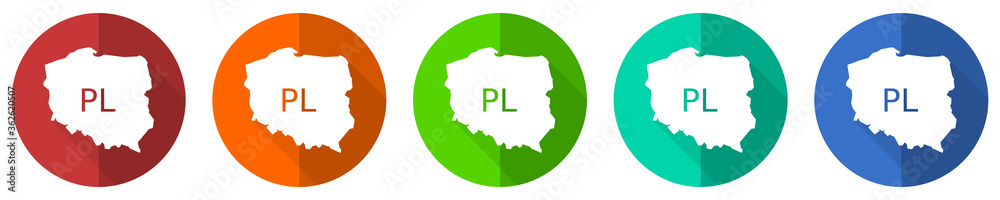Poster map of poland icon set, red, blue, green and orange flat design web buttons isolated on white backgr