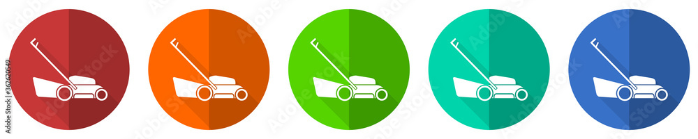Poster lawn mower icon set, red, blue, green and orange flat design web buttons isolated on white backgroun