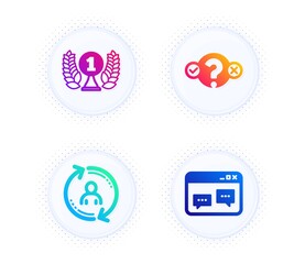 Laureate award, User info and Quiz test icons simple set. Button with halftone dots. Browser window sign. Prize, Update profile, Select answer. Website chat. Business set. Vector