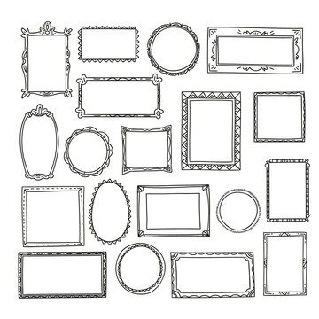 Hand drawn frames isolated on white big set. Cartoon style vector collection.
