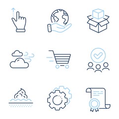 Skin care, Settings gears and Windy weather line icons set. Diploma certificate, save planet, group of people. Packing boxes, Touchscreen gesture and Delivery shopping signs. Vector
