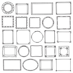 Hand-drawn frames big set. Cute cartoon doodle style borders isolated on white. Vector design.
