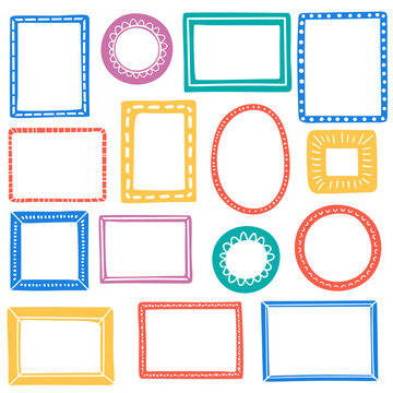 Bright hand-drawn frames collection. Decoration elements for children. Vector frames in cartoon style.
