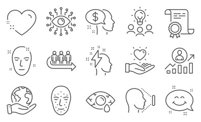 Set of People icons, such as Heart, Brainstorming. Diploma, ideas, save planet. Health skin, Hold heart, Smile chat. Ð¡onjunctivitis eye, Queue, Face id. Vector