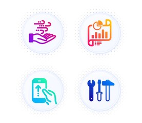 Swipe up, Report document and Wind energy icons simple set. Button with halftone dots. Spanner tool sign. Scrolling screen, Growth chart, Breeze power. Repair screwdriver. Technology set. Vector