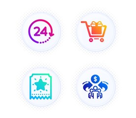Loyalty ticket, Shopping cart and 24 hours icons simple set. Button with halftone dots. Sharing economy sign. Bonus star, Gift box, Time. Share. Technology set. Vector