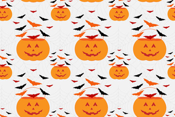Pumpkin bucket with bats seamless pattern. Vector hand drawn halloween illustration for print design, fabric, textile, wallpaper, wrapping paper.
