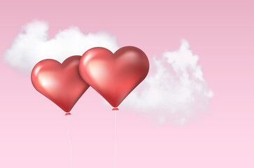 Fototapeta na wymiar Two inflatable balloons in shape of heart and sky