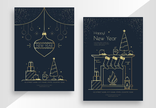 New Year Poster Layout Set with Gold Elements