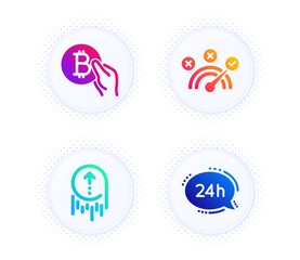 Correct answer, Swipe up and Bitcoin pay icons simple set. Button with halftone dots. 24h service sign. Speed symbol, Scrolling page, Cryptocurrency coin. Call support. Technology set. Vector