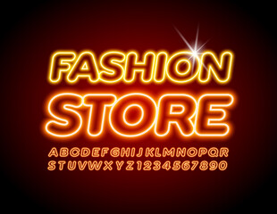 Vector Neon banner Fashion Store. Orange Electric Font. Illuminated trendy Alphabet Letters and Numbers