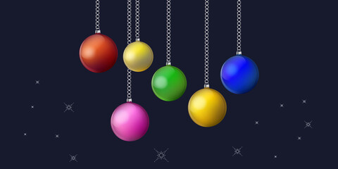 Christmas balls, shiny, multi-colored - dark blue background - vector. Banner. Christmas decoration. Winter holidays