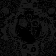 Vector illustration. peony flowers, eyes, horns, skull, mysticism. Handmade, prints on T-shirts, grey background, black color