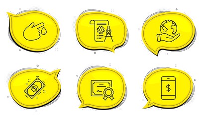 Payment sign. Diploma certificate, save planet chat bubbles. Blood donation, Smartphone payment and Divider document line icons set. Injury, Mobile pay, Report file. Finance. Business set. Vector