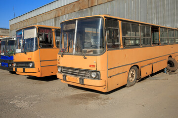 Old decommissioned buses in a fleet under the fence