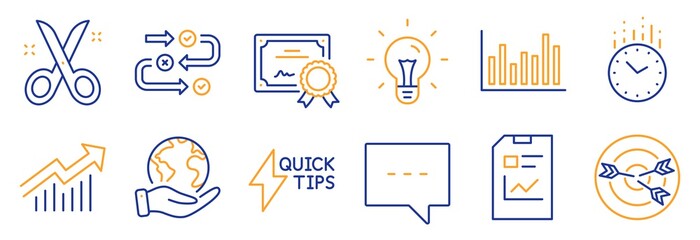 Set of Education icons, such as Demand curve, Blog. Certificate, save planet. Quickstart guide, Bar diagram, Targeting. Scissors, Idea, Time. Report document, Survey progress line icons. Vector