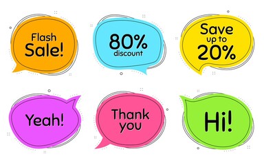 Save up to 20%, 80% discount and flash sale. Thought chat bubbles. Thank you, hi and yeah phrases. Sale shopping text. Chat messages with phrases. Colorful texting thought bubbles. Vector