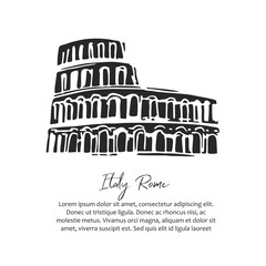 Hand-drawn in black ink in the style of a sketch of the Colosseum Building in Rome. Line drawing of the architecture of antiquity. Symbol of Italy on a white background. Cartoon vector illustration.
