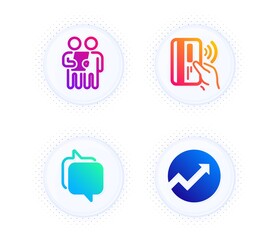 Survey, Contactless payment and Messenger icons simple set. Button with halftone dots. Audit sign. Contract, Bank money, Speech bubble. Arrow graph. Technology set. Gradient flat survey icon. Vector