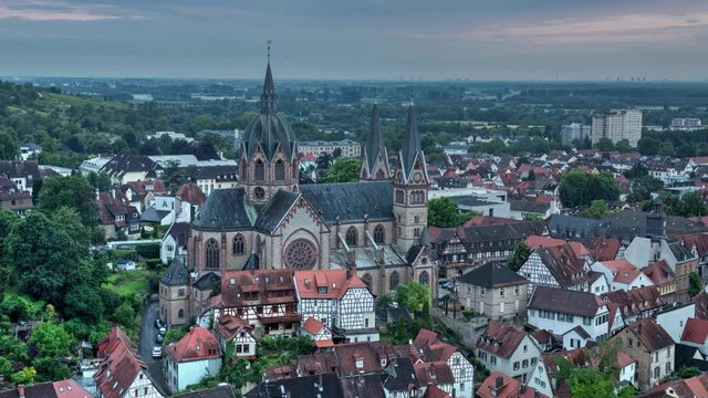 Cityscape of Heppenheim with St. Peter church at dusk, Germany

