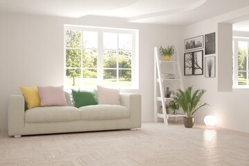 White living room with sofa and summer landscape in window. Scandinavian interior design. 3D illustration