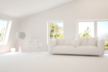 White living room with sofa and summer landscape in window. Scandinavian interior design. 3D illustration