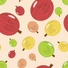 Seamless vector pattern of gooseberries of various colors on a pink background.